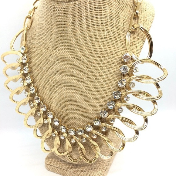 NATASHA RHINESTONE STATEMENT NECKLACE GOLD TONE BLING OVAL CHAIN LINKS - Picture 4 of 11